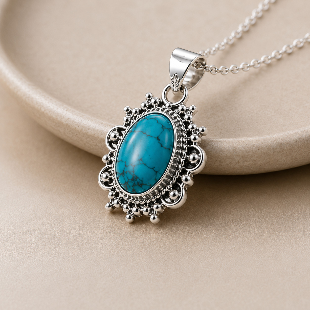 925 Sterling Silver Turquoise Pendant Necklace Oval Boho Vintage Handmade Gift