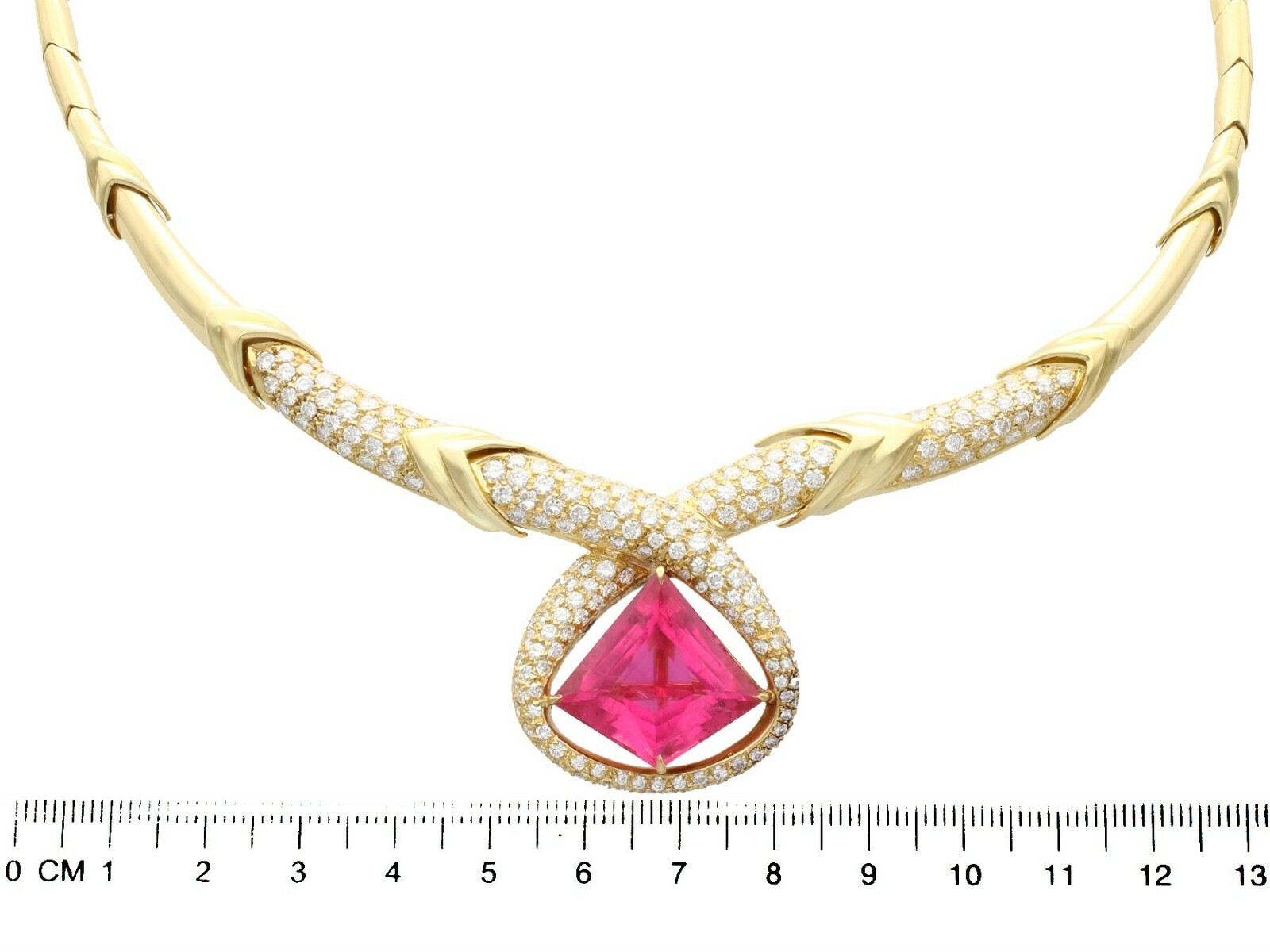 15.65 Ct Pink Tourmaline and 6.90 Ct Diamond 18k Yellow Gold Necklace Vintage