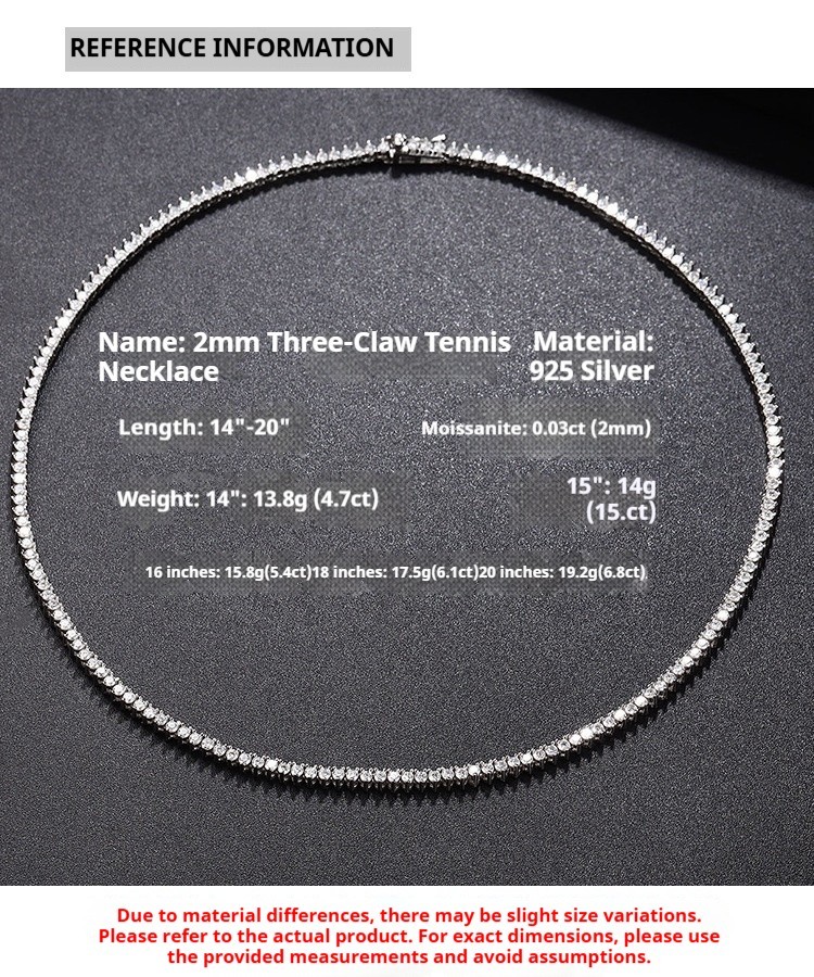 2mm D Color 3 Prong Moissanite Tennis Chain Necklace 925 Sterling Silver Jewelry