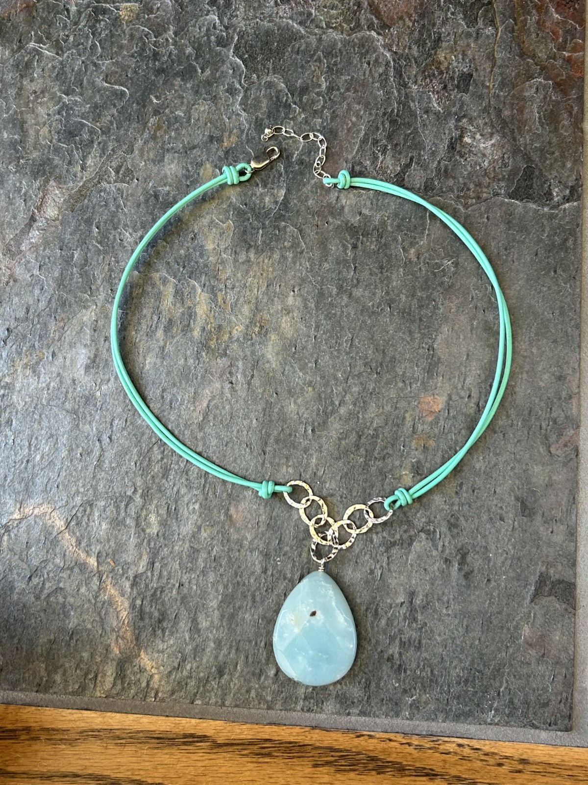 Aqua Amazonite 18″ Corded Necklace Teardrop 40mm Pendant Silver Estate New