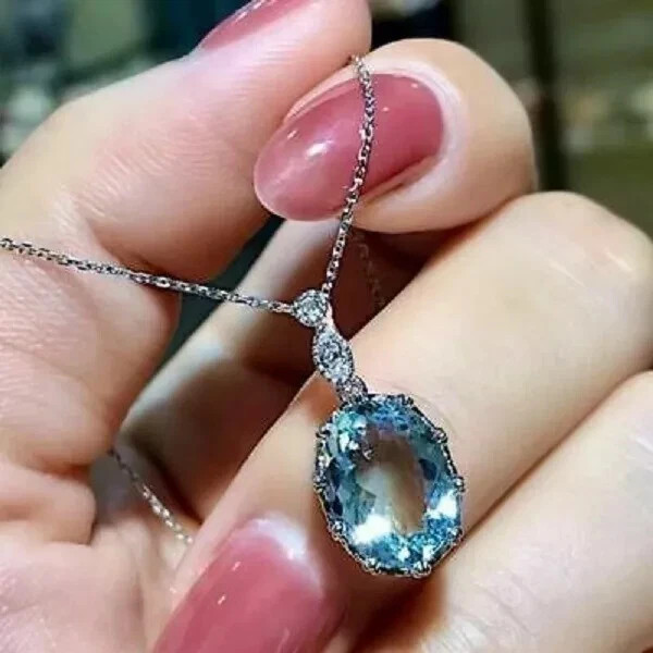 2.00Ct Oval Cut Aquamarine Solitaire Pendant 14K White Gold Finish Free Chain