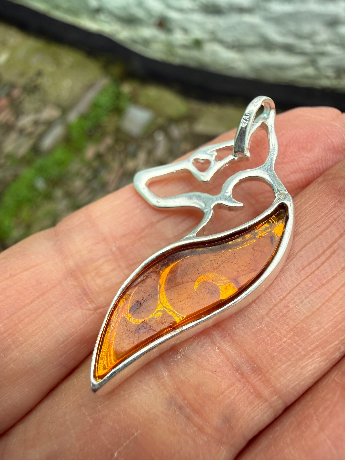 German Shepherd Dog Amber Pendant Crystal Fossil 925 Silver Lithuanian genuine