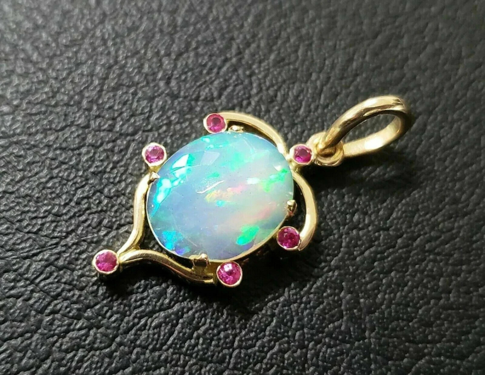 3Ct Oval Opal Ruby Diamond Solitaire Pendant With Chain 14K Yellow Gold Finish