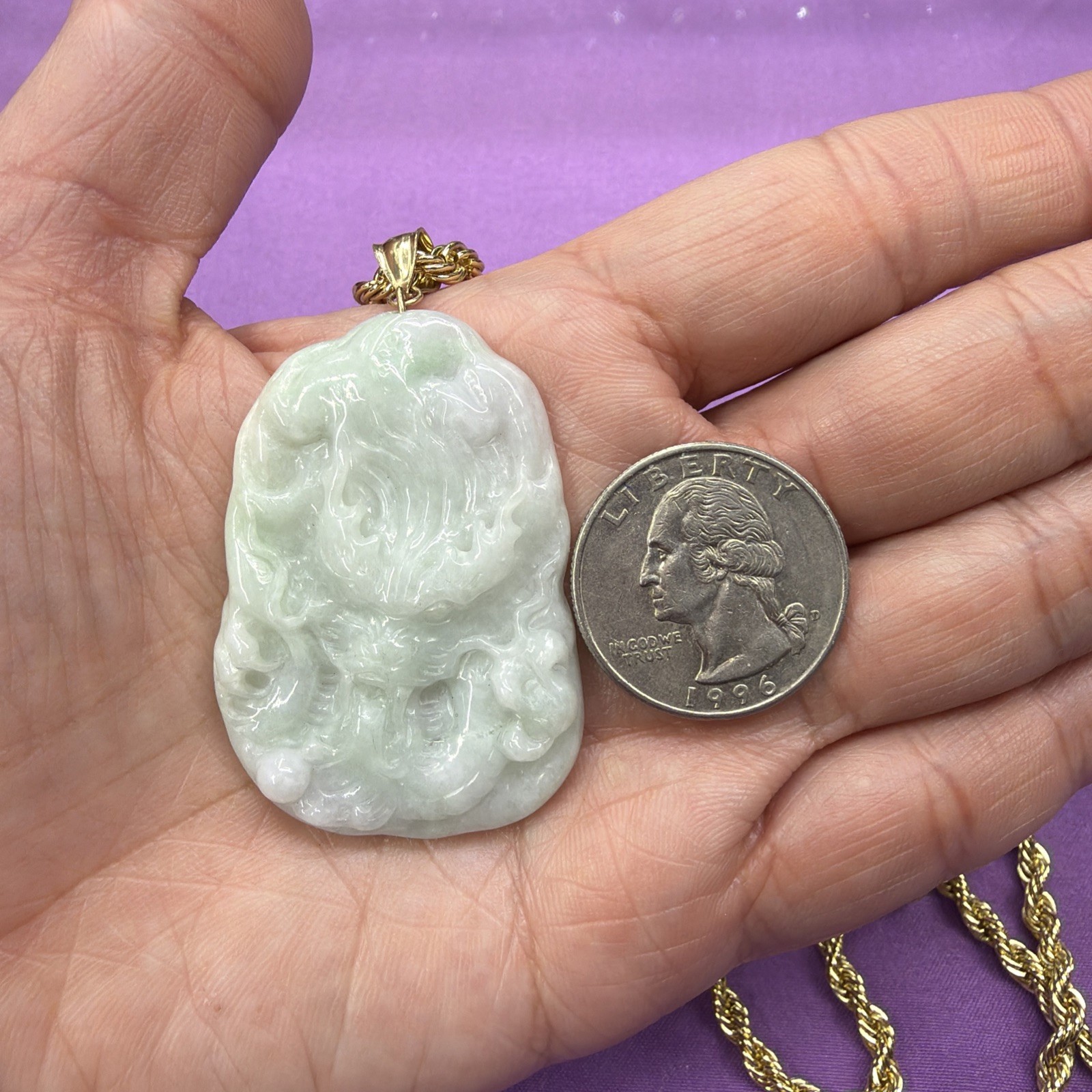 Real 10K Bail Top 100% Natural Green Jade Pendant Dragon Myanmar Jade FREE CHAIN