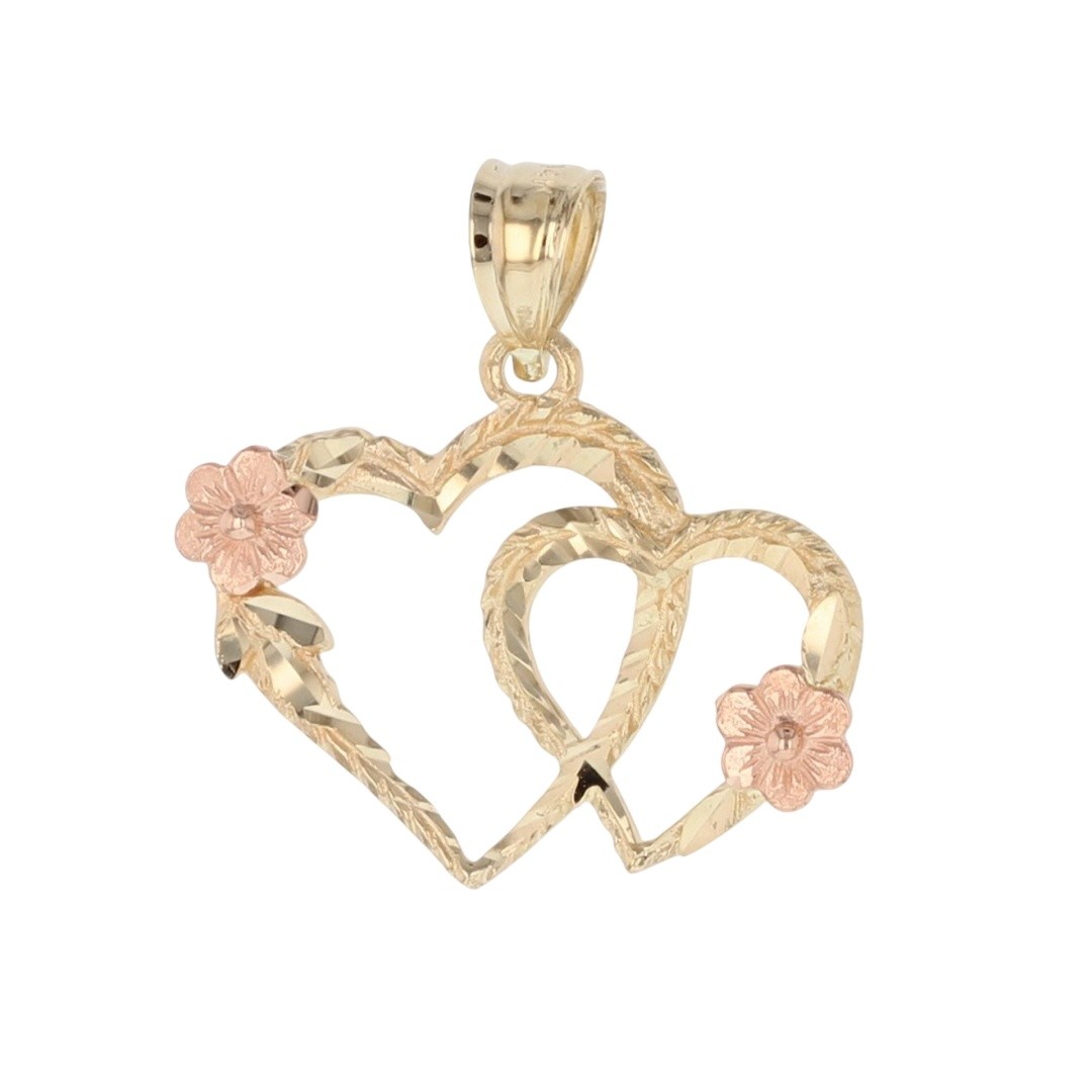 19.5mm Double Heart with Flowers Pendant w/o Chain 14k Multi-Tone Gold .89 Grams