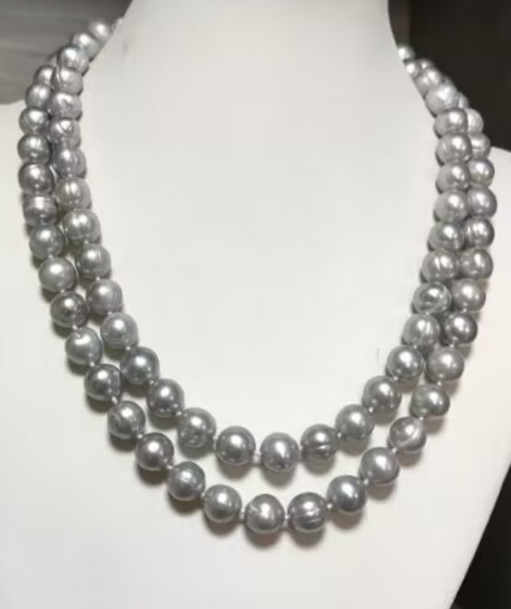 2 rows AAA+ 8-9mm Natural South Sea Gray Baroque Pearl necklace 14K gold 18″