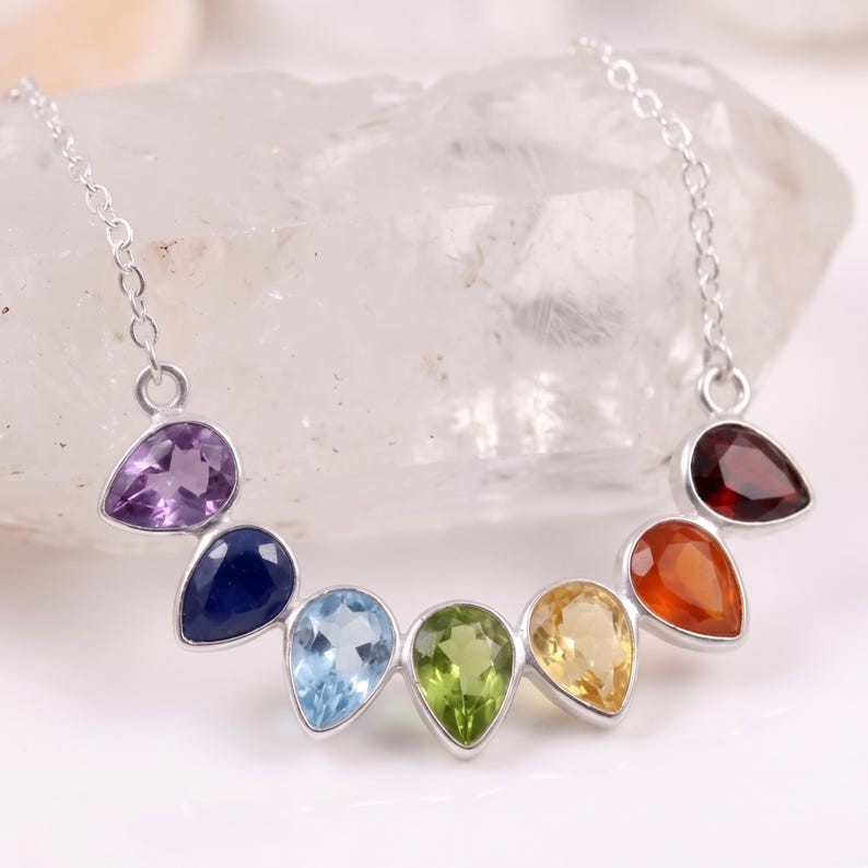 Multi Color Rainbow Gemstone Pendant 925 Sterling Silver Chain Necklace Jewelry