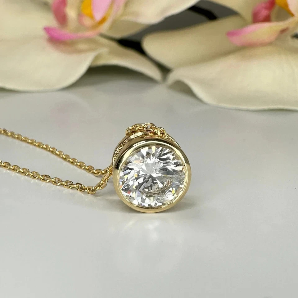 IGI 2 Ct Round Cut Lab Grown Diamond Bezel Set Necklace Pendant 14k Yellow Gold