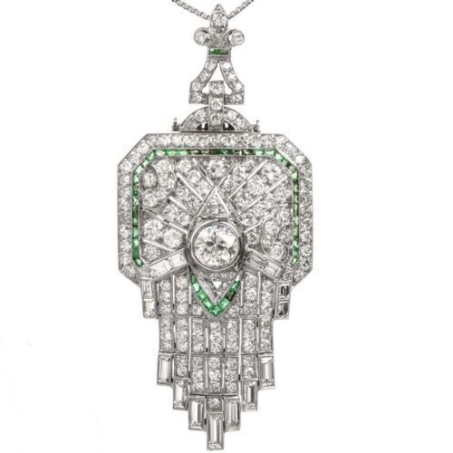 Real Moissanite Art Deco 3.00Ct Round Cut Pendant Chain 14K White Gold Plated