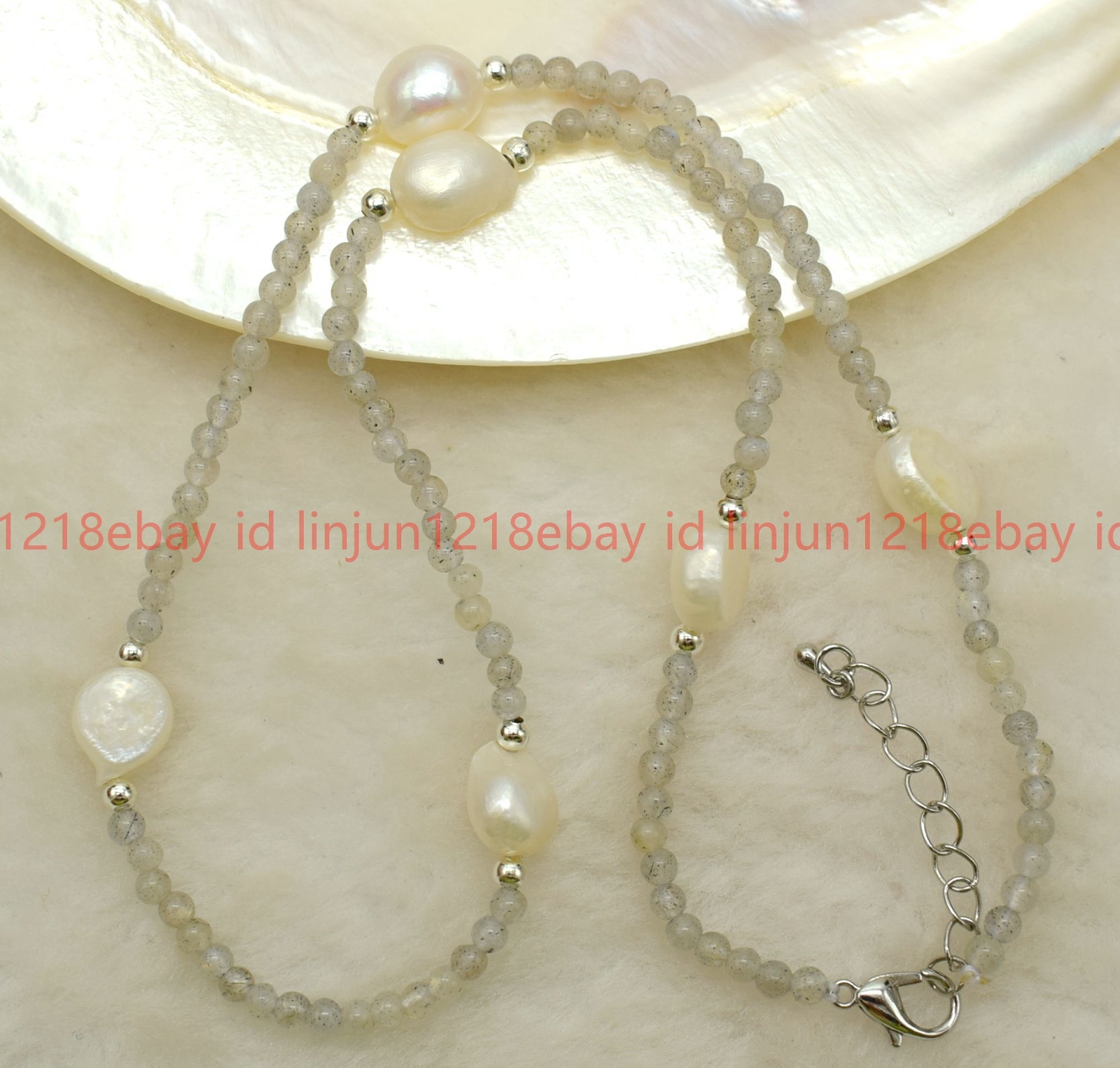 Natural 3mm Gray Labradorite Round Gemstone Beaded White Pearl Necklace 16-28in