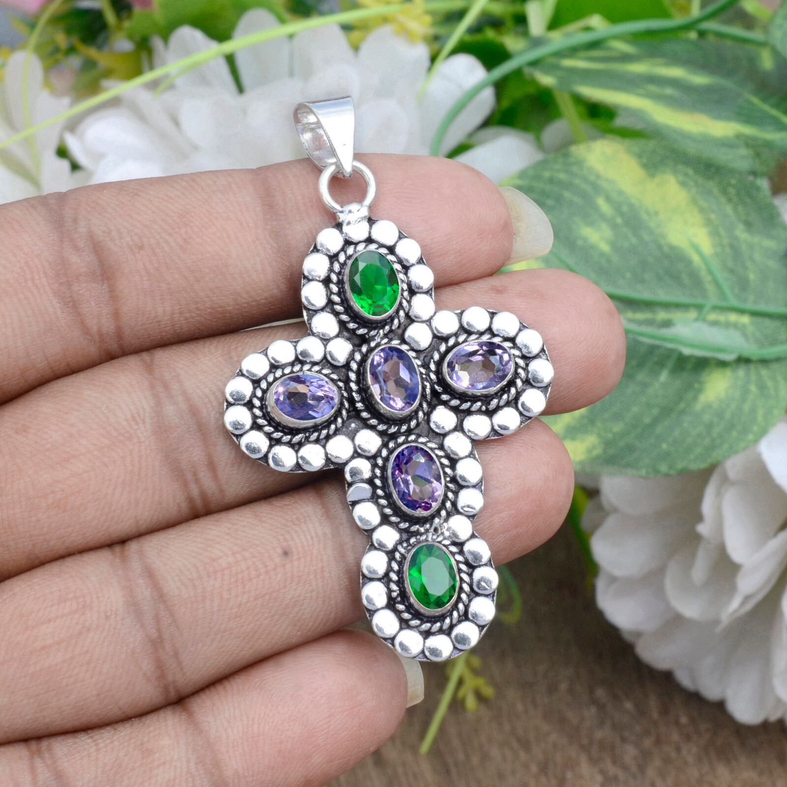 Amethyst Cut & Diopside Gemstone Pendant 925 Sterling Silver Beauty Art Cross