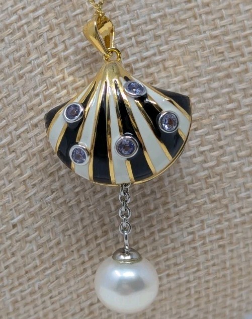 925 Sterling Silver Necklace Black & White Enamel White Edison Pearl