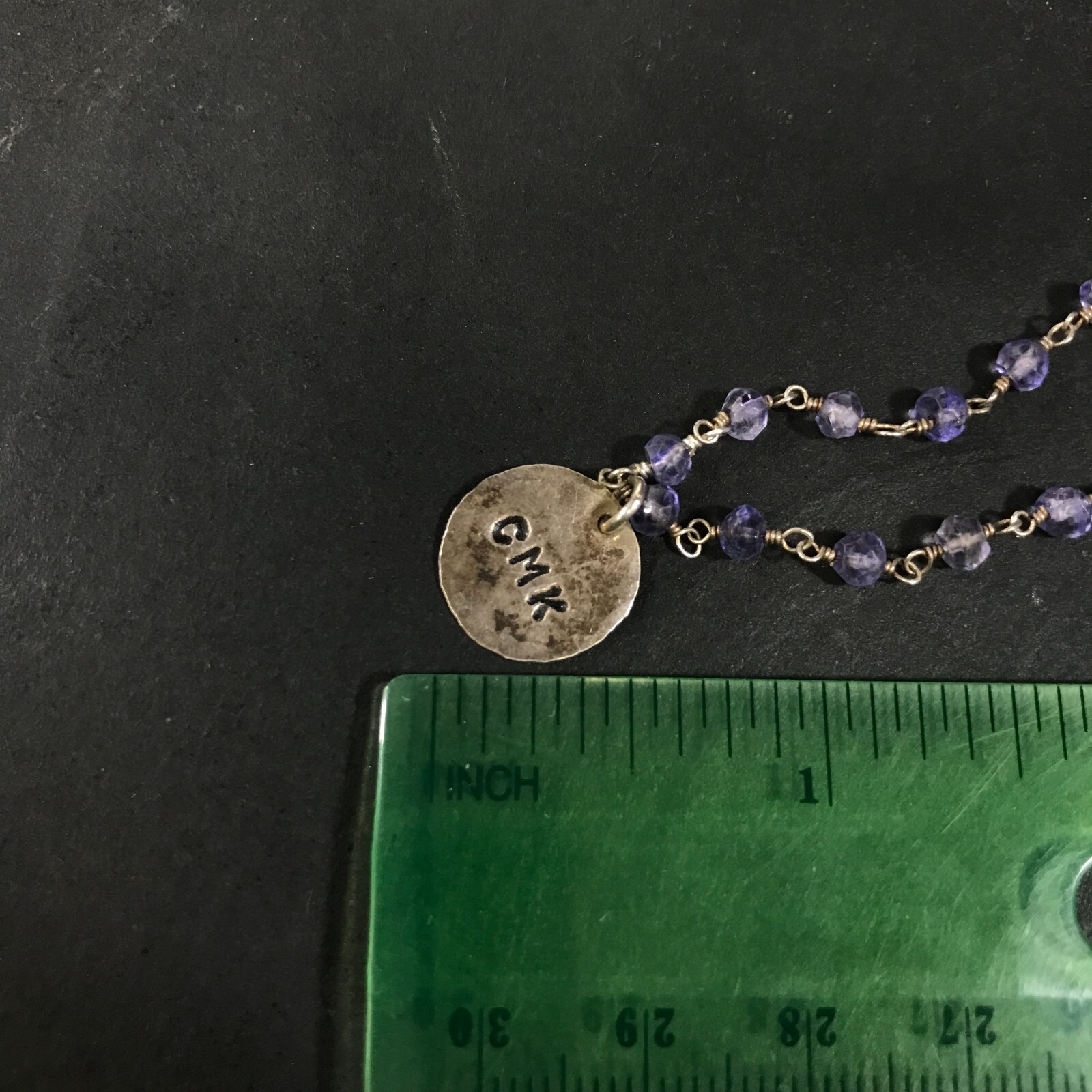 Sterling Silver Chain with Purple Plastic Beads and CMK Circle Pendant 16 in