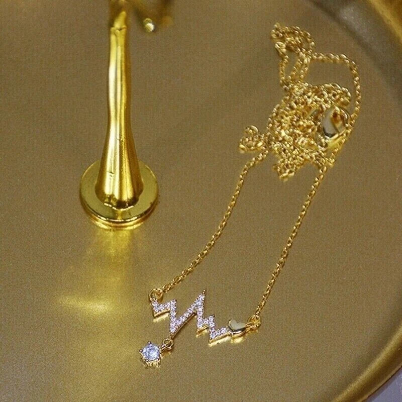 1.00Ct Lab Created Diamond Round Heartbeat Pendant 14K Yellow Gold Plated