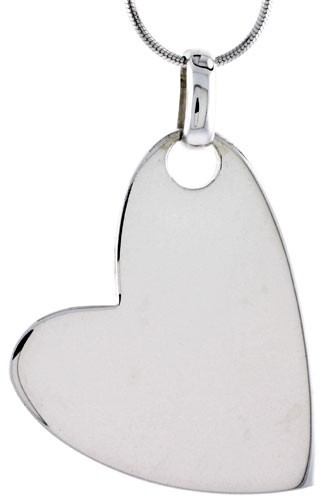 925 Sterling Silver Flat High Polished Heart Pendant 1 1/2 Inch (38mm) Tall
