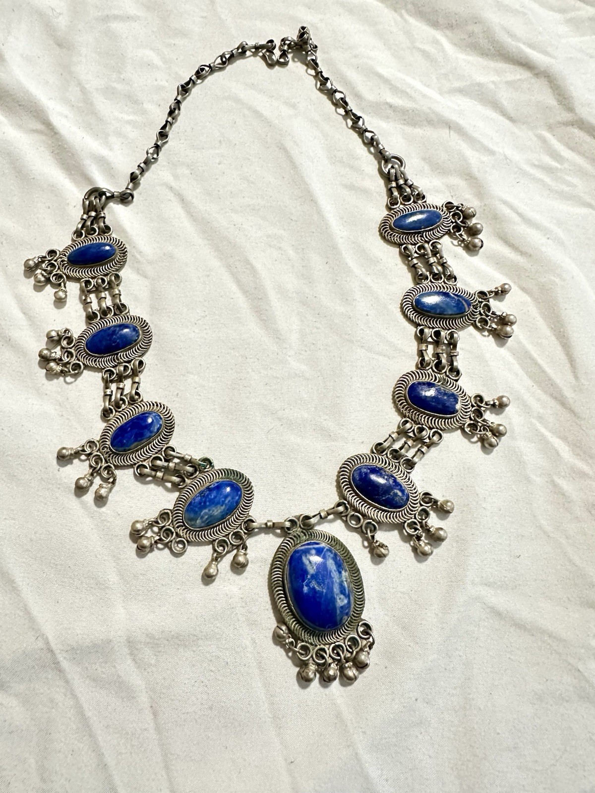 Rare Vintage Afghanistan Lapis Lazuli Tibetan Silver Statement Necklace