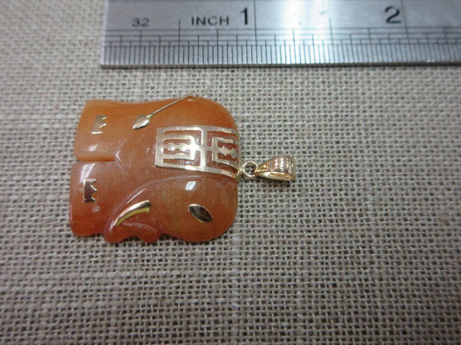 Vtg GSJ 14k Orange Jade Elephant Pendant w/ Longevity Symbol – 6.25 G