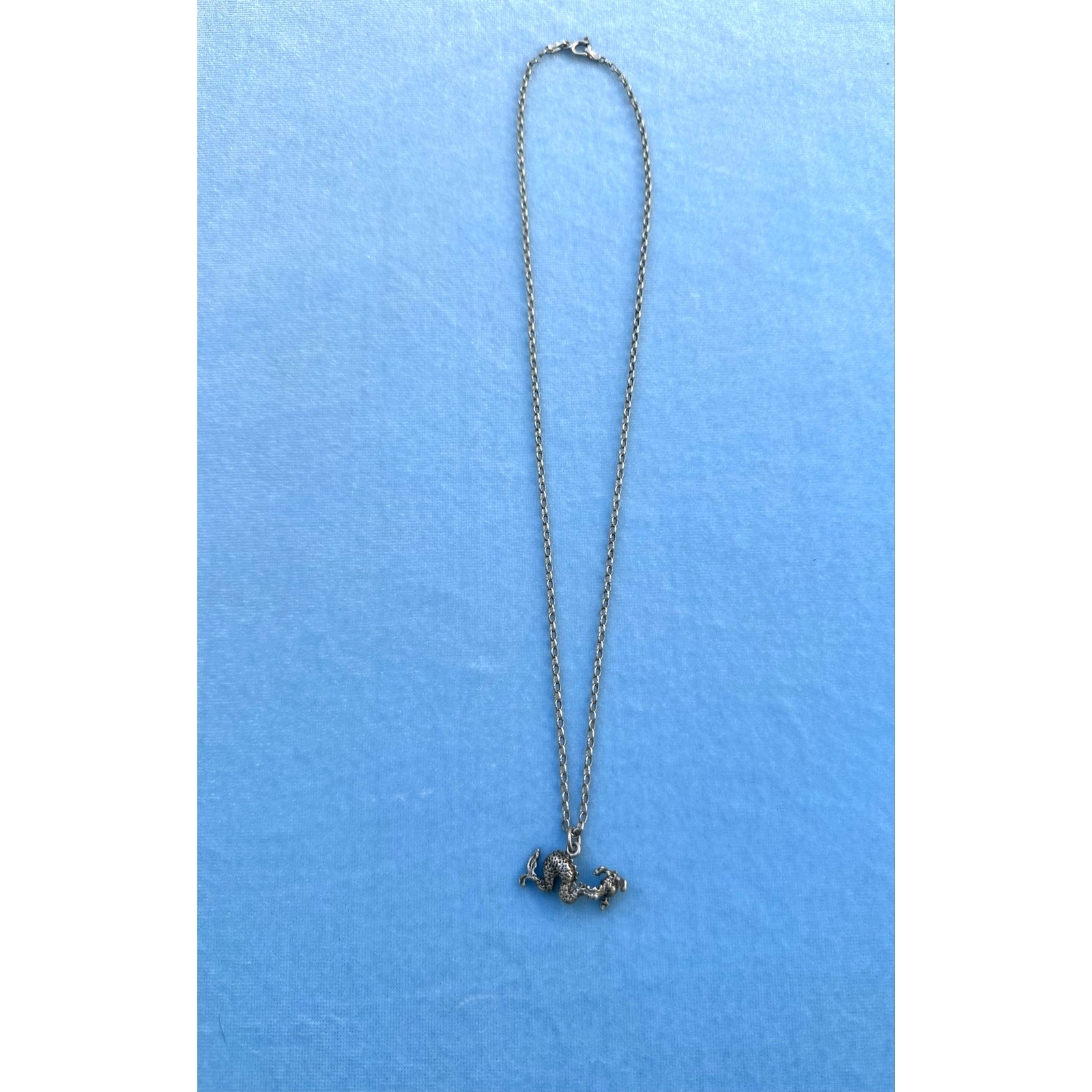 Vintage 925 Sterling Silver Chinese Dragon Pendant Necklace Serpentine Charm
