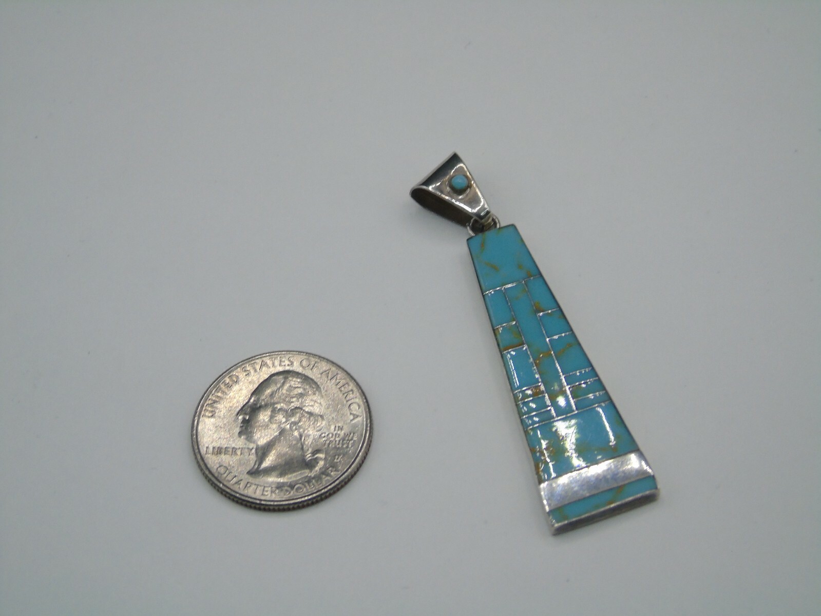 STERLING SILVER & TURQUOISE INLAY PENDANT IN PRE-OWNED VERY GOOD SHAPE