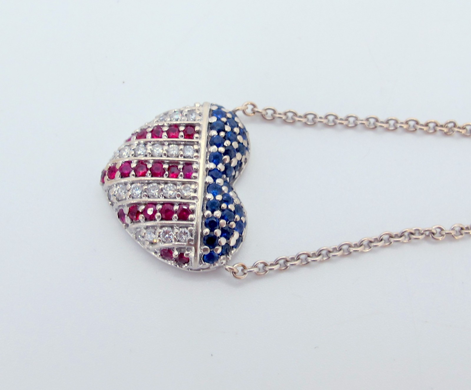 Stunning 14K White Gold Rubies-Diamonds-Sapphires Necklace 17″ Long “TC4033317”