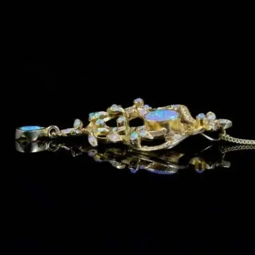 2CT Simulated Opal Oval Cut Floral Drop Art Deco Pendant 14K Yellow Gold Plated