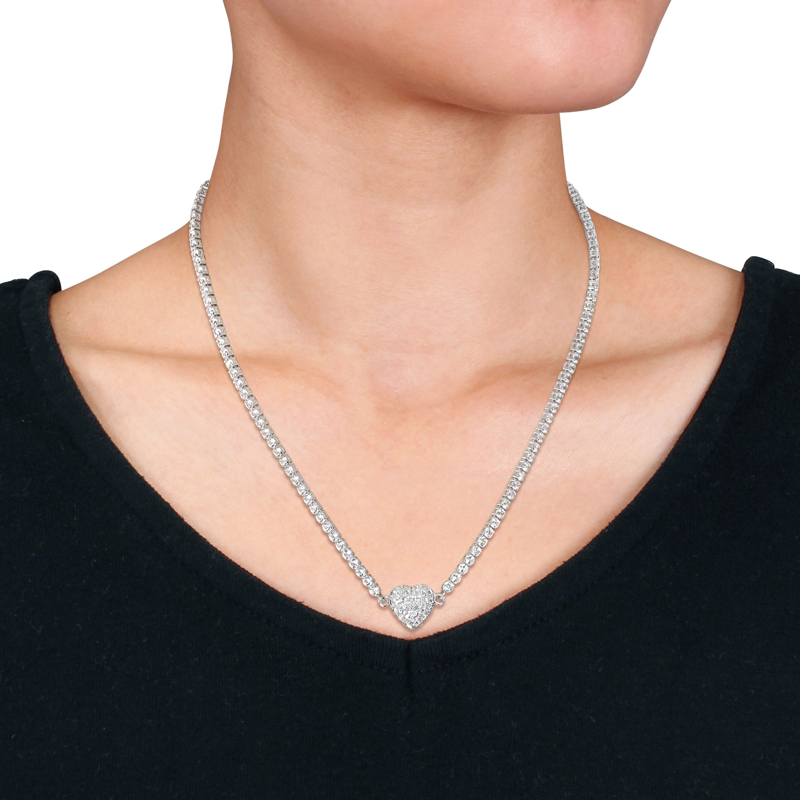 Amour Sterling Silver Created White Sapphire Necklace with Heart Clasp – 17 in