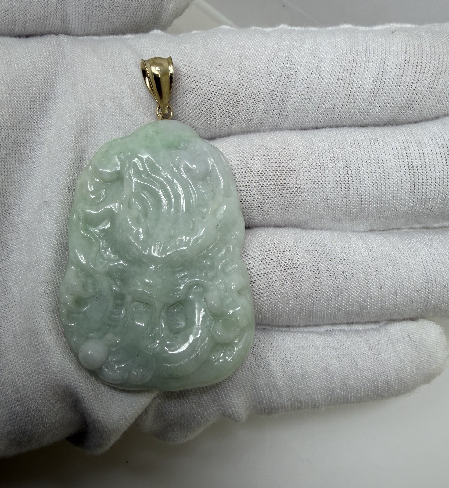 Real 10K Bail Top 100% Natural Green Jade Pendant Dragon Myanmar Jade FREE CHAIN