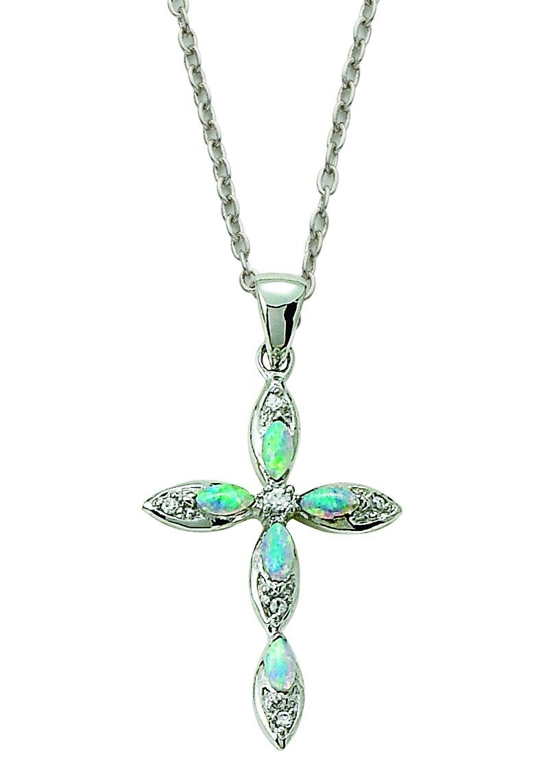 Ladies Sterling Silver Opal Pointed Cross Pendant Necklace