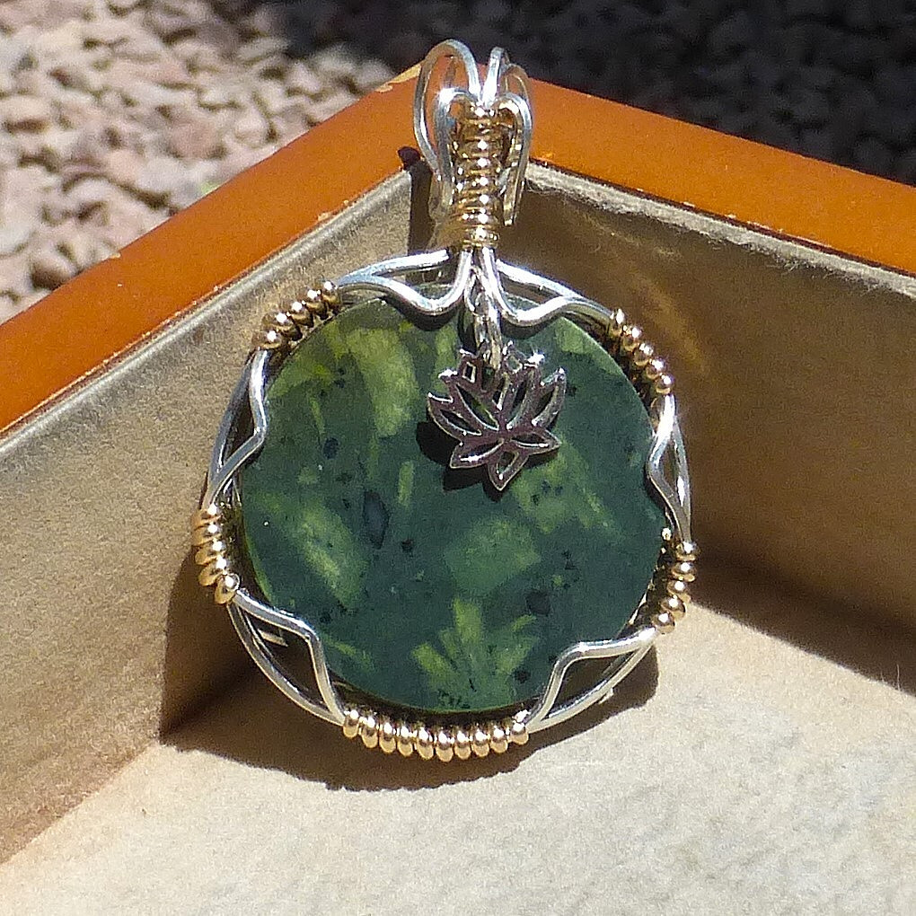 Chinese writing stone + SS charm in Sterling & 14/20 GF PENDANT (Stone 38.5 TCW)