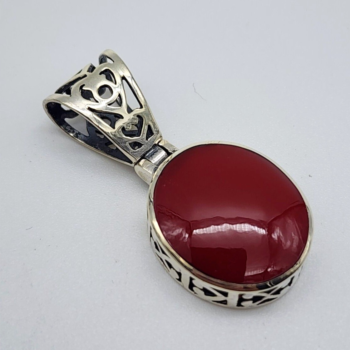 Sterling Silver 925 Red Plastic Resin – Open Work Asian Motif Pendant
