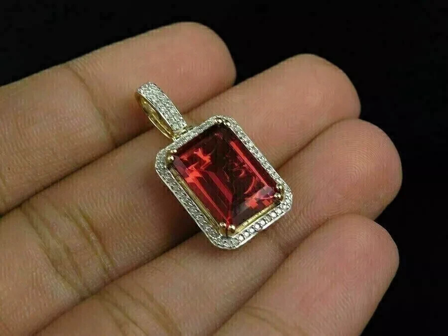 2Ct Emerald Cut Lab Created Red Ruby Pendant 14K Yellow Gold Plated Free Chain