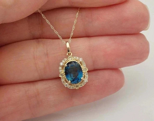 2Ct Oval Cut Lab Created London Blue Topaz Halo Pendant 14K Yellow Gold Plated