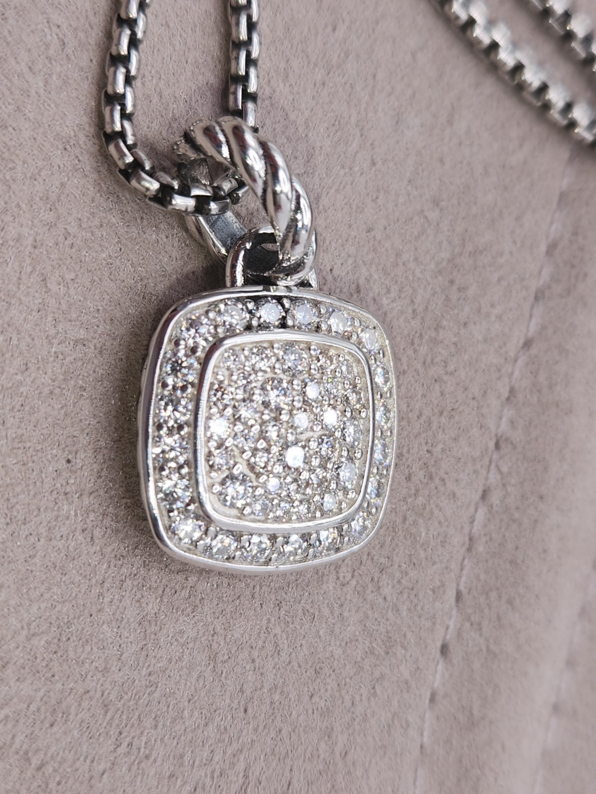 David&Yurman 925 Sterling Silver Pavé Diamond Square albion 14mm Necklace 20 mm