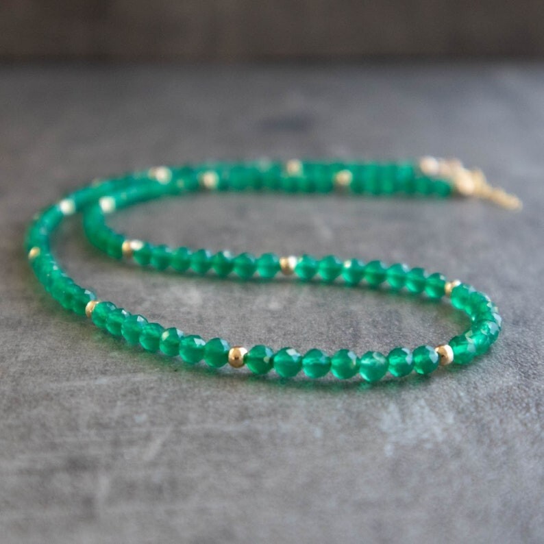 Beautiful Green Onyx Faceted Round 2-3MM Gemstone Beaded 18″ Handmade Necklace
