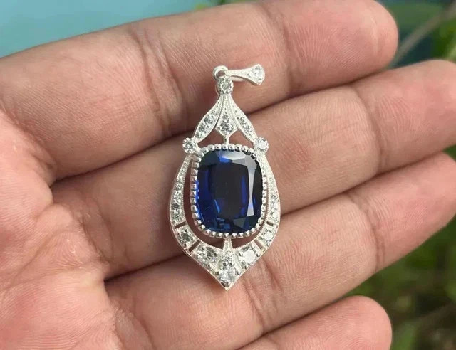 Vintage Art Deco Style Pendant Lab Created Diamond Sapphire White Gold Plated