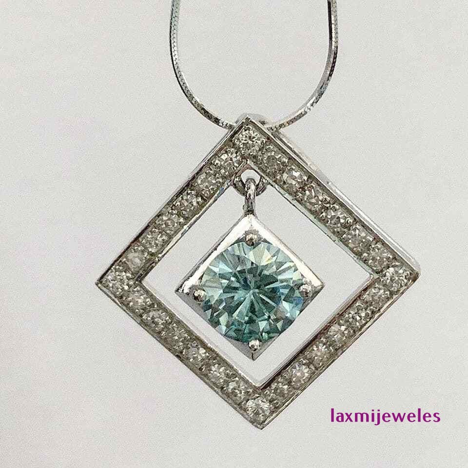1.25Ct Aqua Blue Round Cut Floating Lab-Created Diamond Pendant Square Halo New