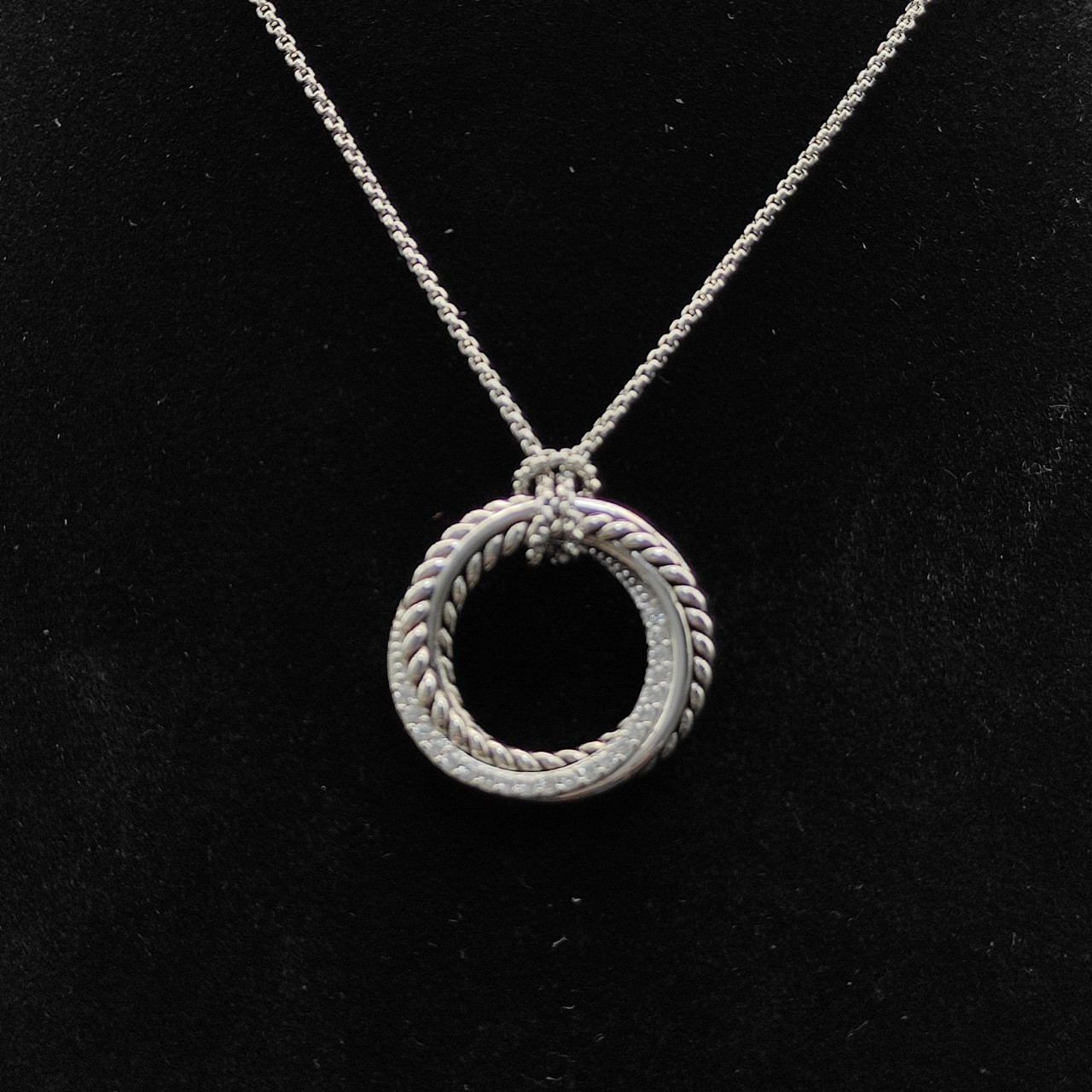 David Yurman Classic Cable Circle Pendant 925 Silver Diamond Slide Necklace 90cm