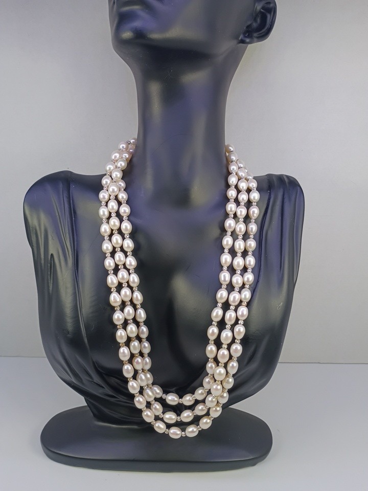 3 Strand Freshwater Cultured Pearl Necklace 925 Sterling 17-19in 6-7mm
