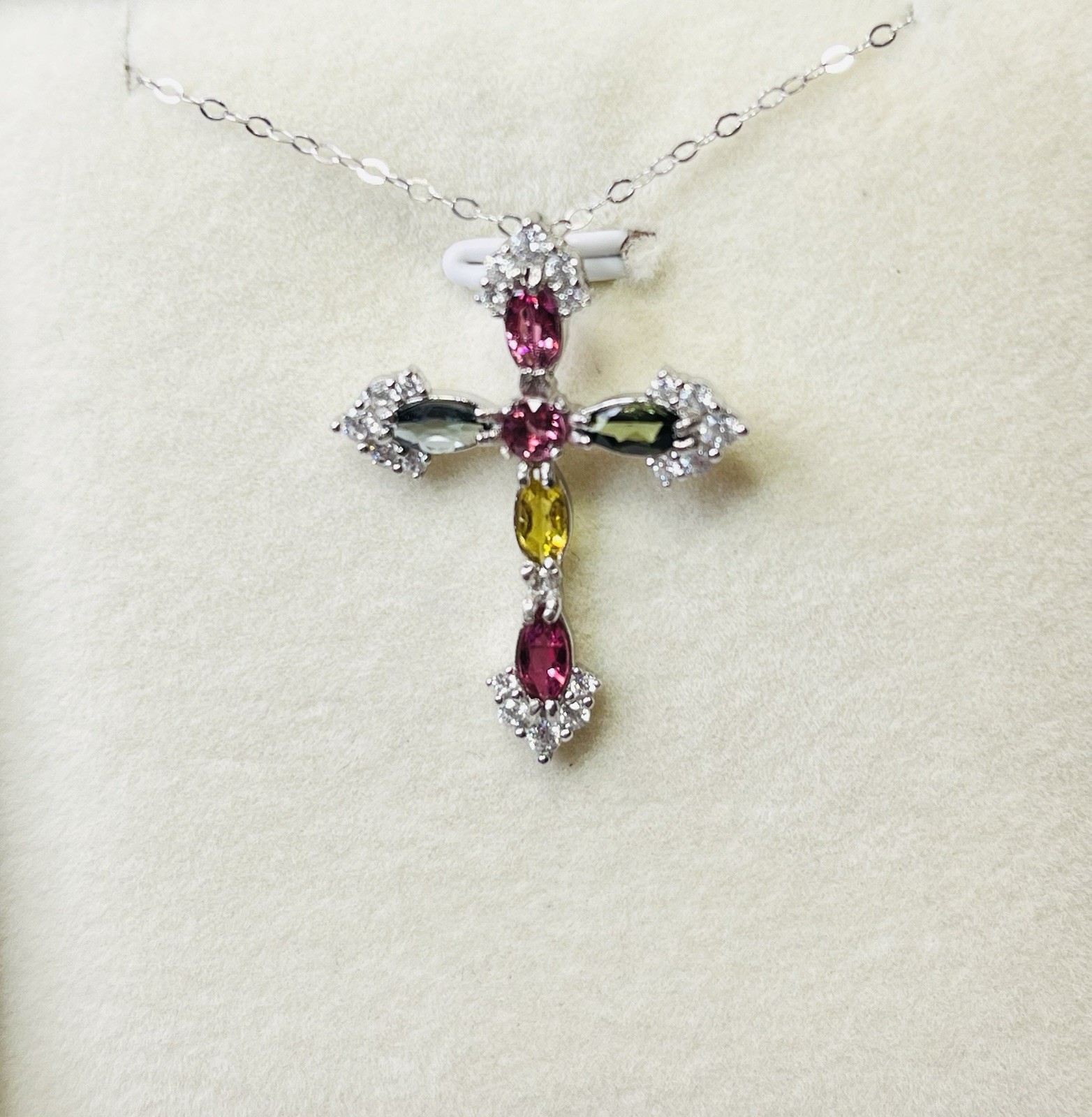 925 Sterling Silver Tourmaline Pink Green Blue Yellow Cross Pendant Necklace