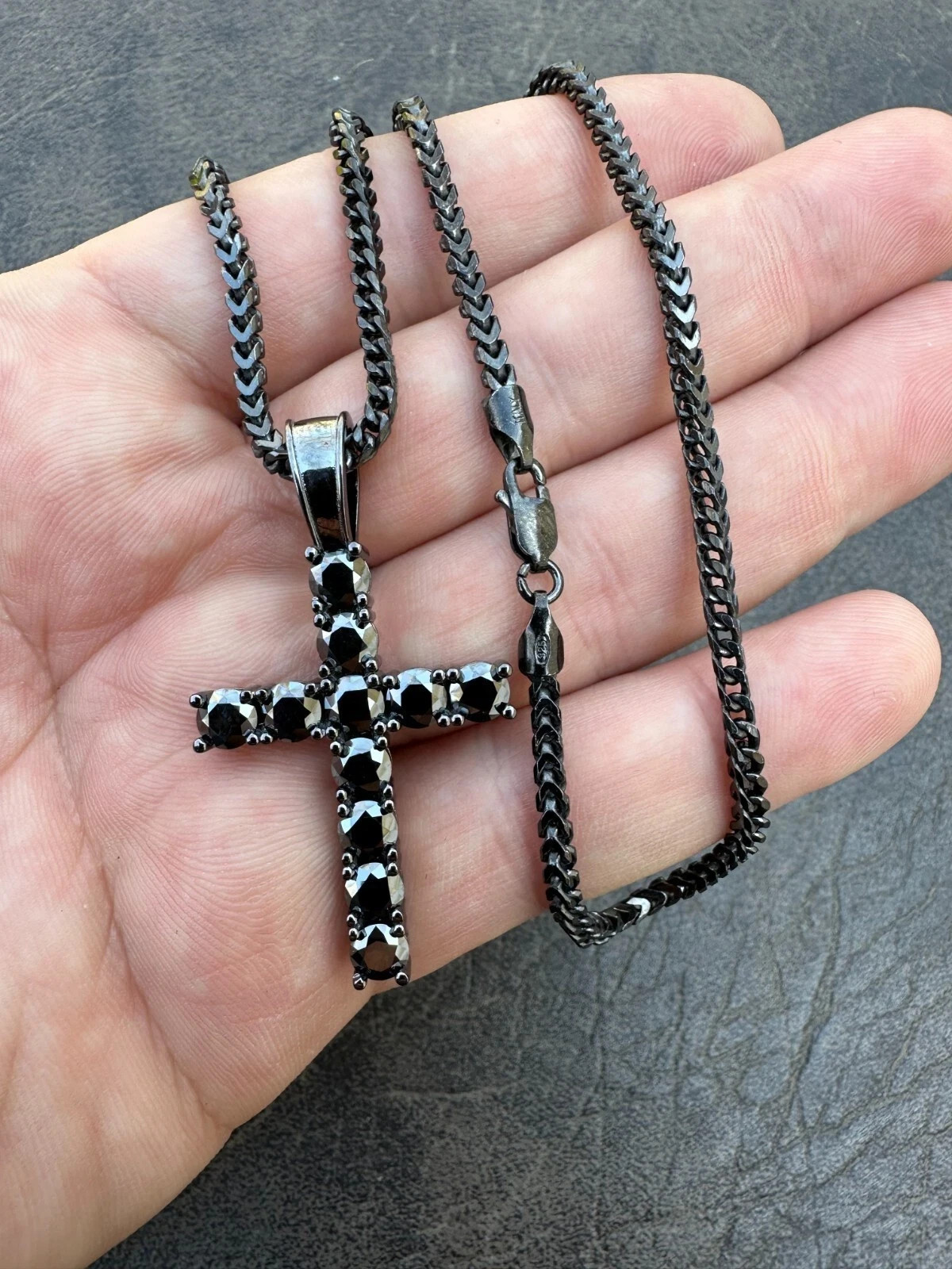 Round Treated Black Diamond Real Oxidized Rhodium 925 Silver Cross Pendant