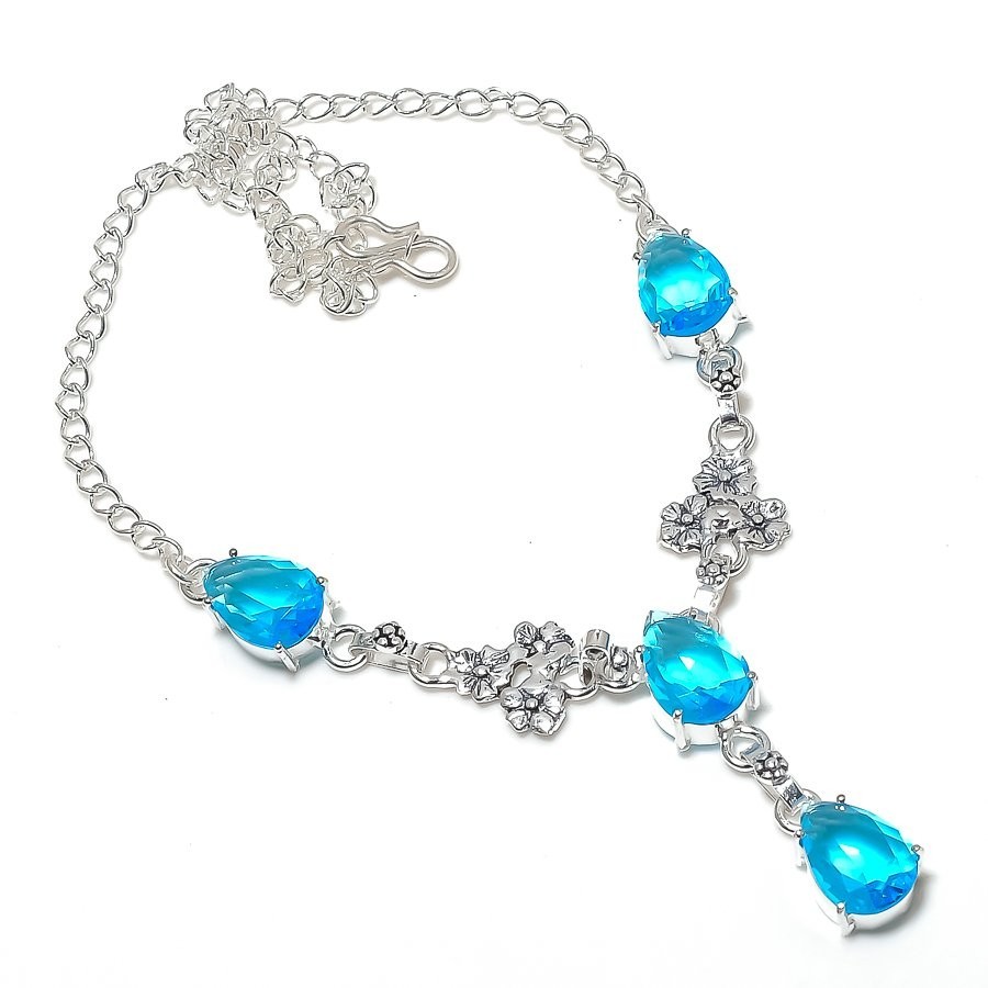 Swiss Blue Topaz Gemstone Handmade 925 Sterling Silver Jewelry Necklace Size 18″