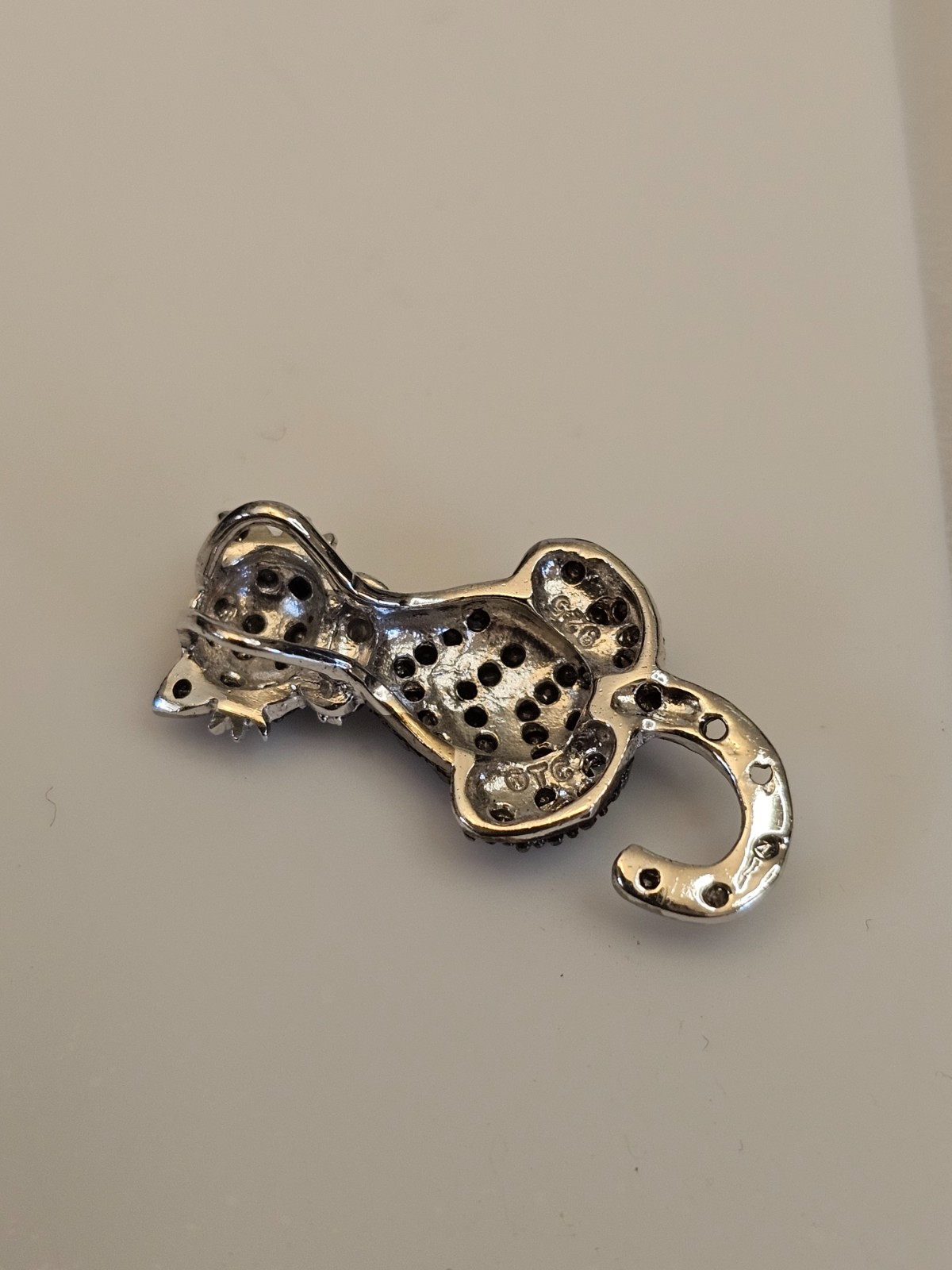 Estate OTC Diamond 1/4Ct Black White Cat Sterling Silver 925 Figural Pendant