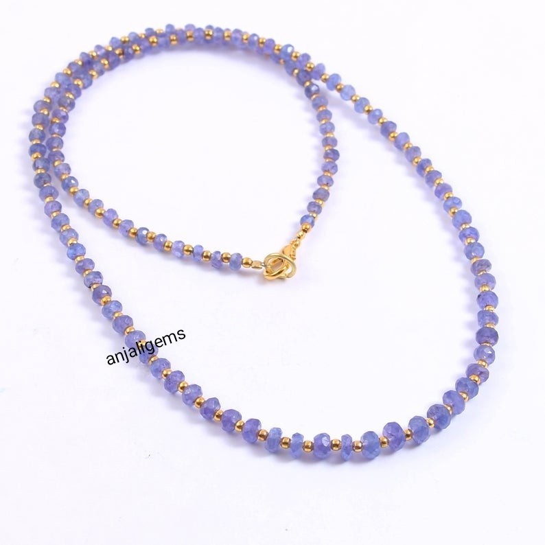 18K Yellow Gold Finished Over AA+ Tanzanite Gemstone Beads Necklace In 925Silver
