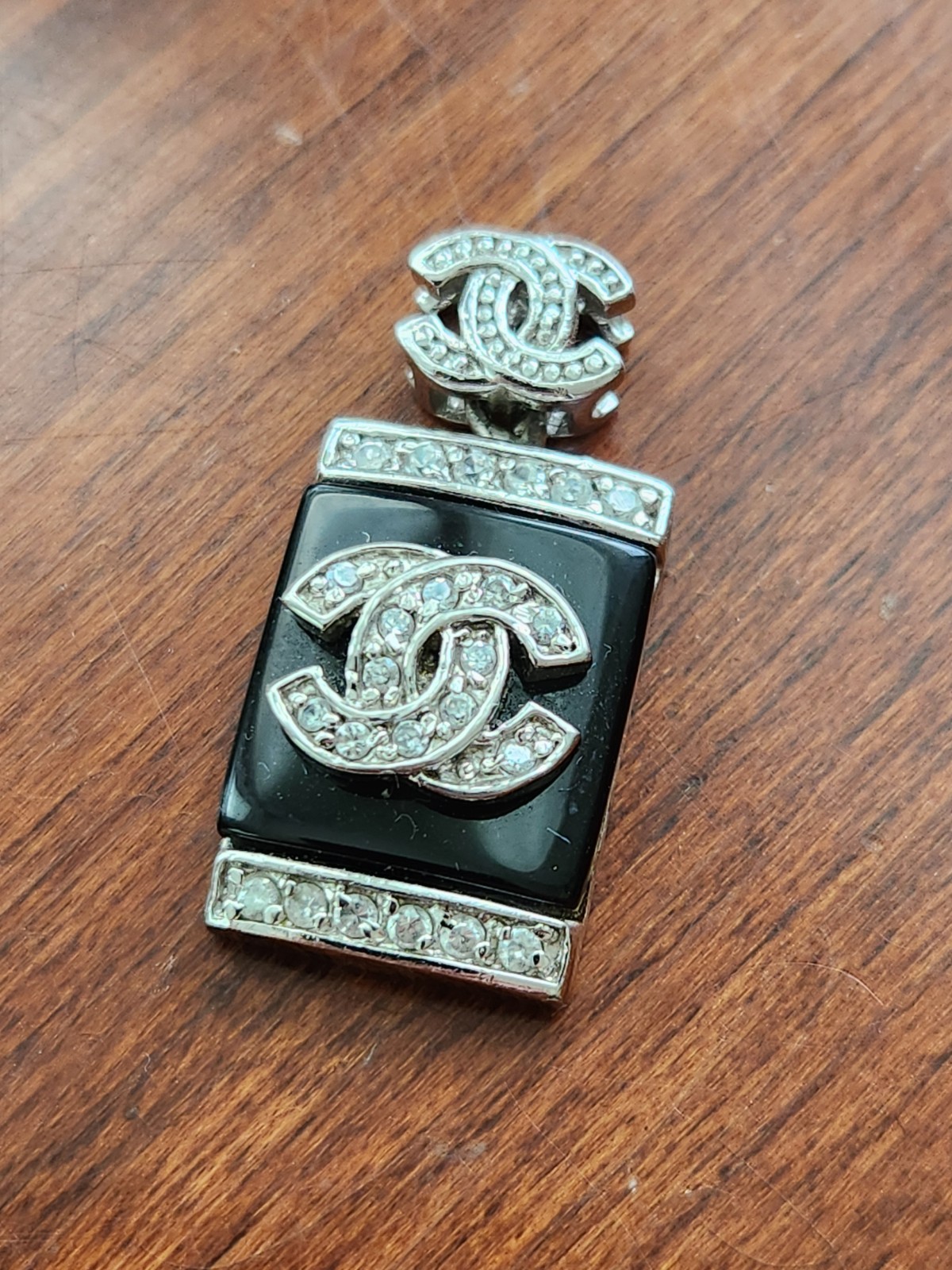 FTJI 925 Sterling Silver Black Enamel Rhinestone Pendant CC Logo Not Chanel