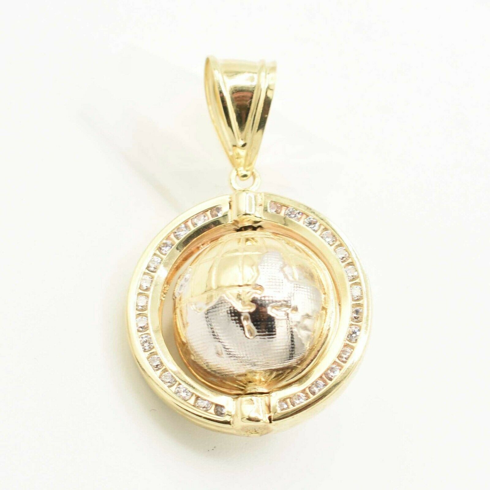 Pendant Two Tone 3D Textured World Globe 1 3/4″ Real 10K Yellow White Gold
