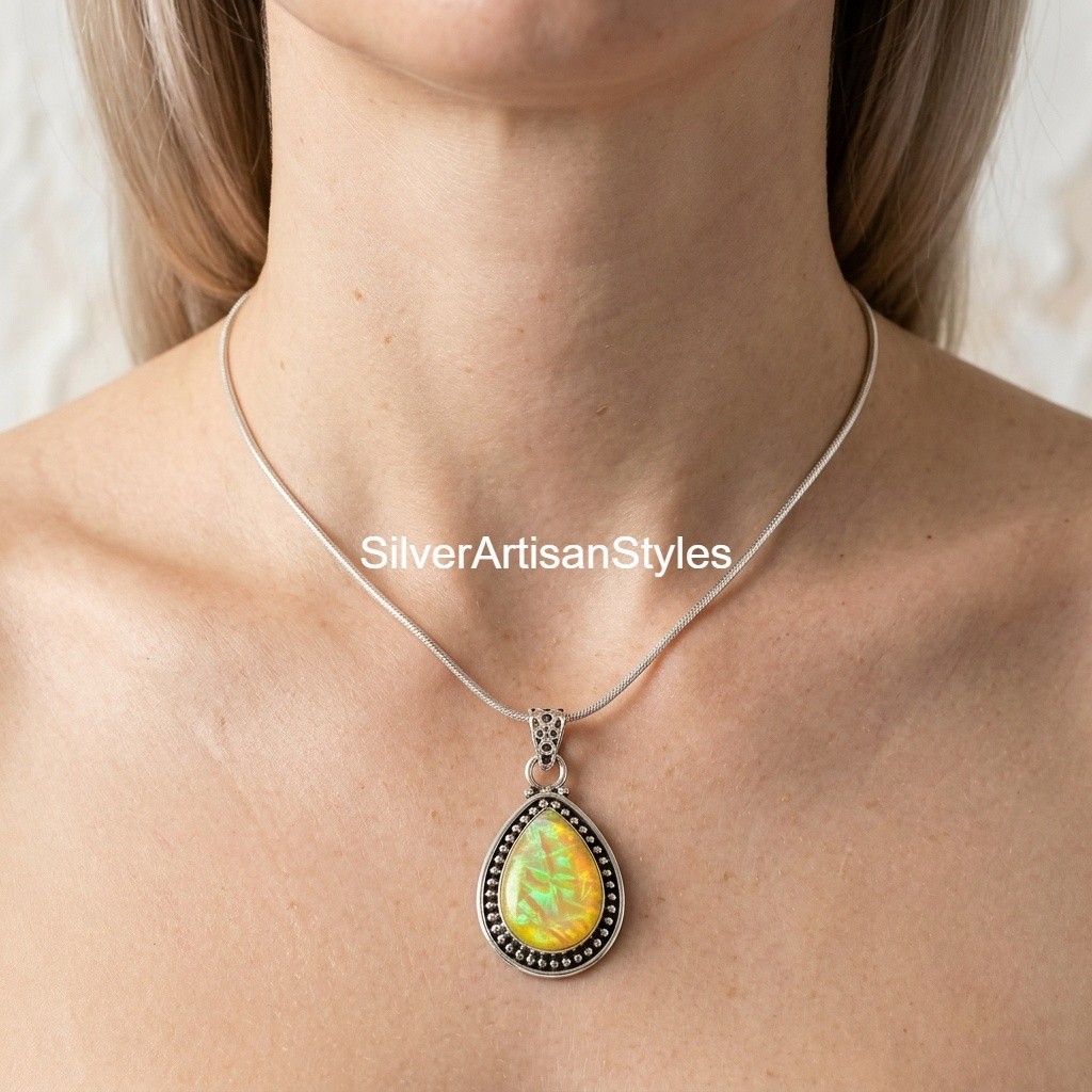 Yellow Fire Opal Gemstone Handmade 925 Sterling Silver Jewelry Pendants Gifts