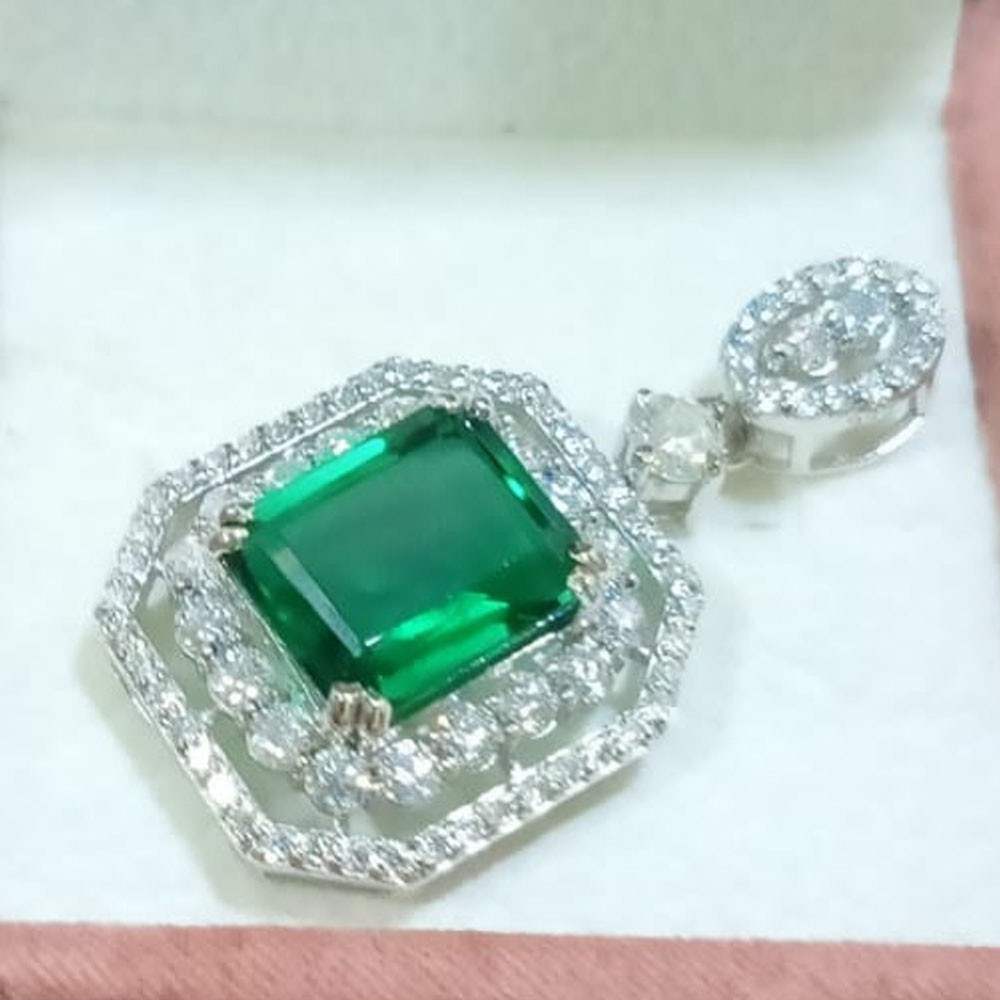 7Ct Emerald Cut Natural Green Emerald and Diamond Pendant 18K White Gold Plated