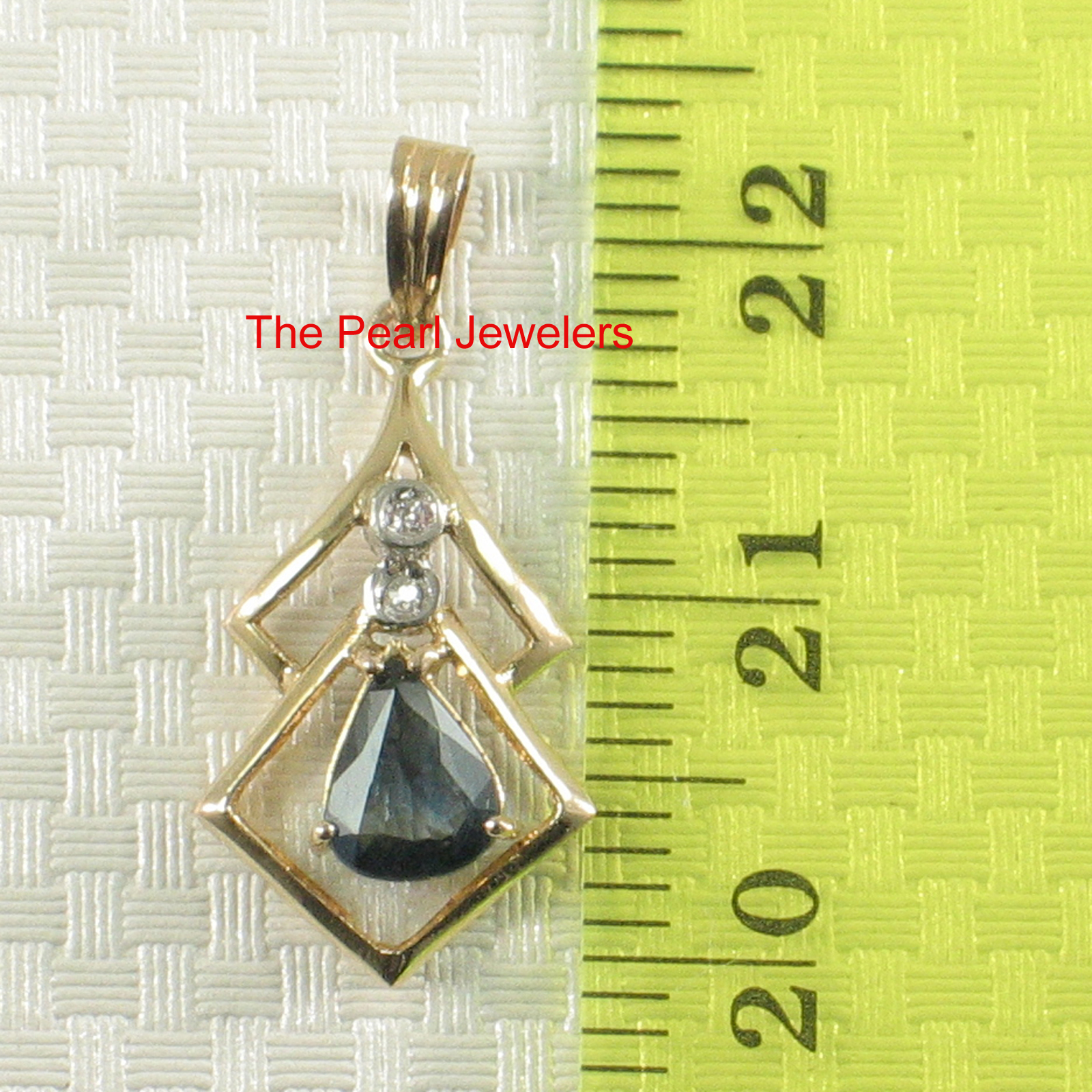 14k Yellow Solid Gold Genuine Diamond Pear Cut Natural Blue Sapphire Pendant TPJ