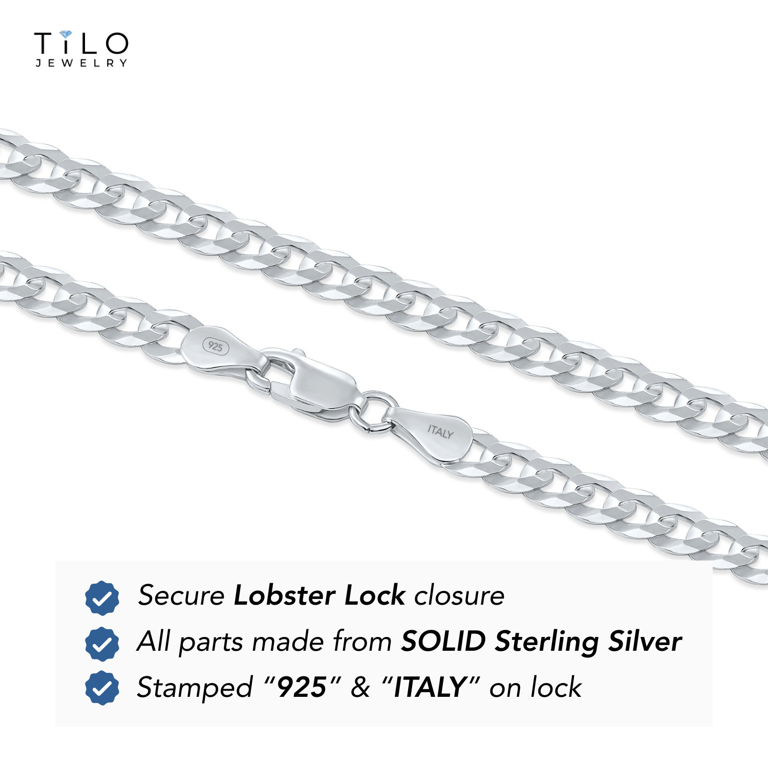 Solid 925 Sterling Silver 3mm-7.5mm Curb Link Chain Italian Necklace 16″-24″