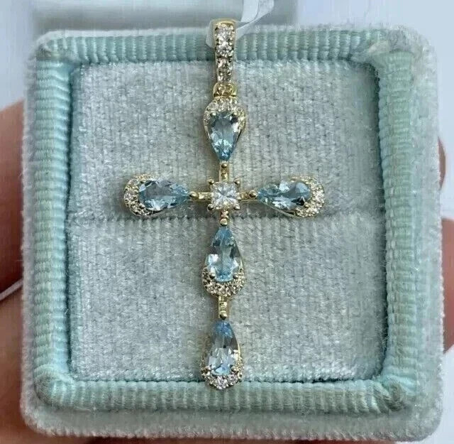 1.5Ct Pear Cut Lab Created Aquamarine Cross Fancy Pendant 14k Yellow Gold Plated